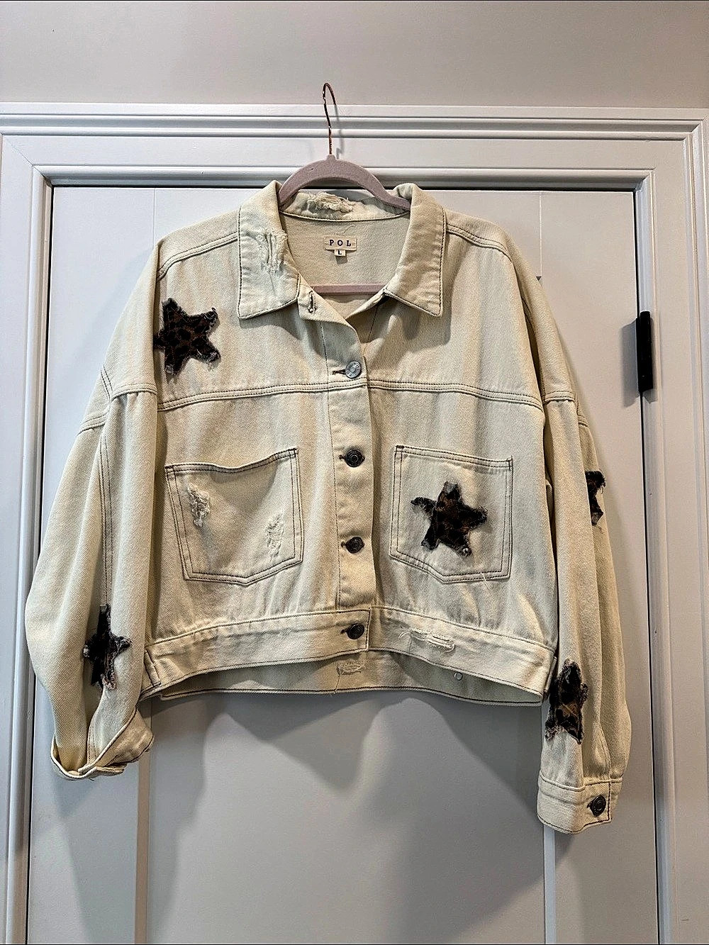 POL Cheetah Star Patch Distressed Denim Jacket Size Large